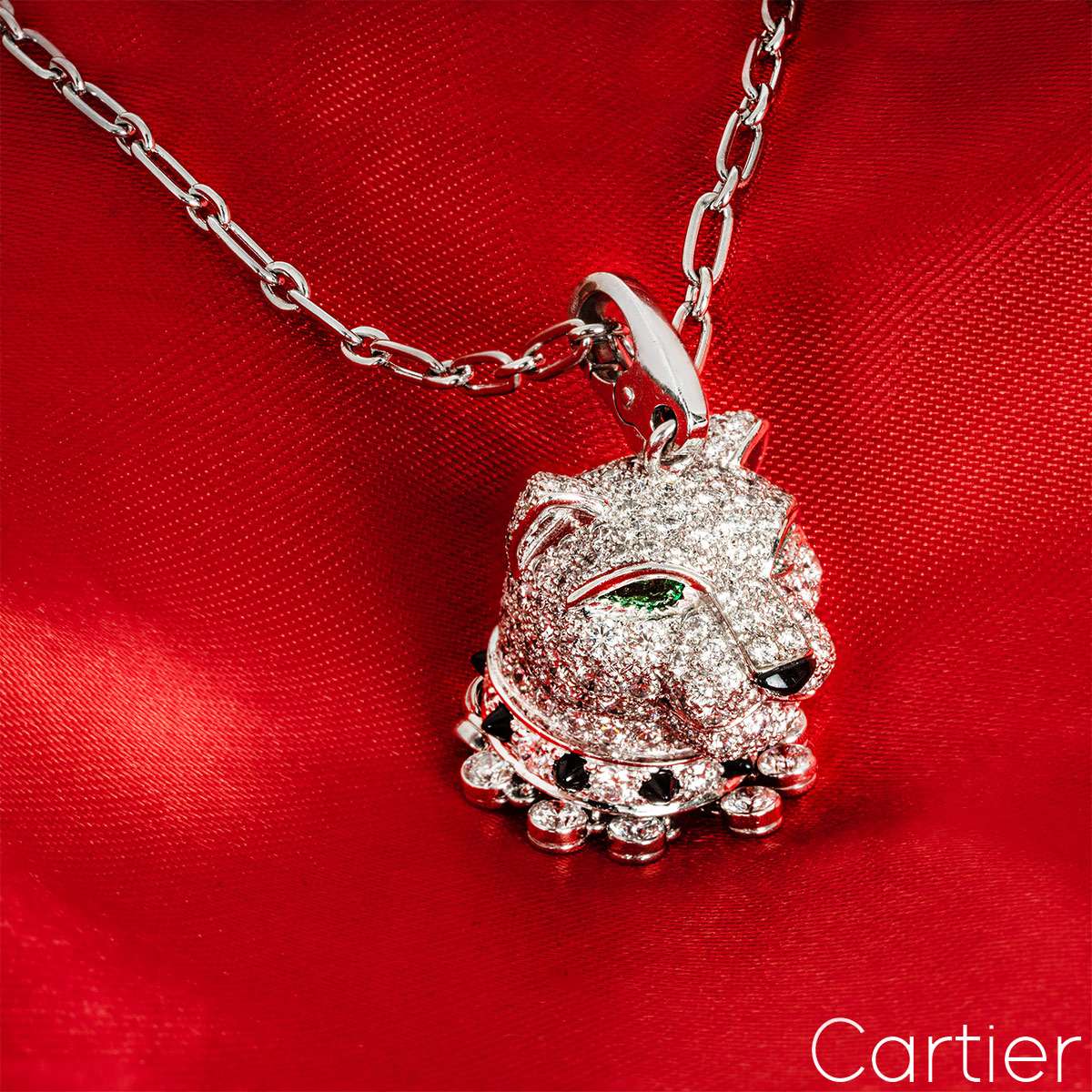 Cartier White Gold Diamond, Emerald & Onyx Panthere De Cartier Pendant Charm 5ct TDW Cartier White Gold Diamond, Emerald & Onyx Panthere De Cartier Pendant Charm 5ct TDW